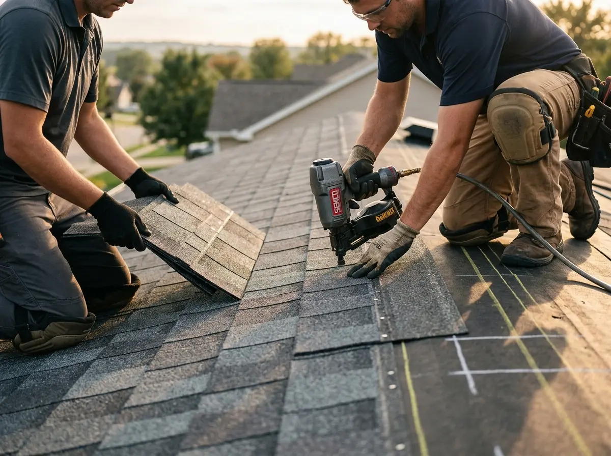 Professional roofer working on a residential roof in Corbin